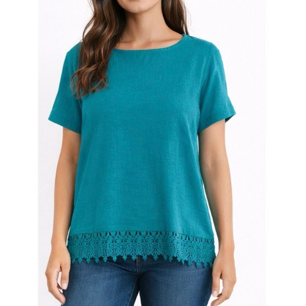 Terzo Millenio NWT turquoise linen crochet lace trim blouse small